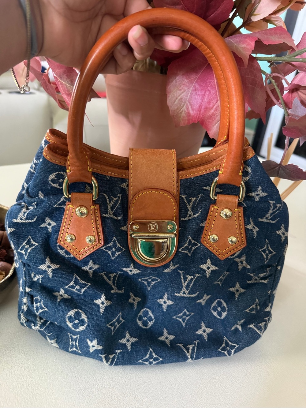 Louis Vuitton Blue Denim Monogram Satchel with Tan Leather Handles
